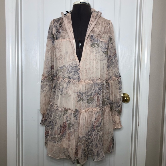 Olivaceous Snakeskin Print Long Sleeve Smoked Tiered Lined Swing Mini Dress M - Picture 10 of 16